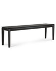 The Ethnicraft Bok Bench - Black Oak is a minimalist black wooden bench with four straight legs, crafted from European oak and finished with black varnish, pictured against a plain white background.