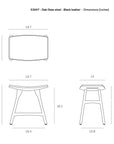 Line drawings of the Ethnicraft Osso Dining Stool - Oak with leather seat show front, top, and side views with dimensions: 19.7W x 13D x 18.2H. Features European design details and the Ethnicraft logo.