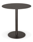 The Blend Dining Table - Dark Bronze Metal by Ethnicraft is a round table with a modern central pedestal base and flat circular top, featuring interchangeable tops for versatile style in any setting.