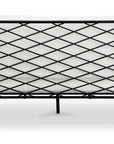 The Salma Outdoor Sofa by Moes features a black metal frame with a diamond lattice back, plus white quick-dry foam cushions in durable Olefin fabric, securely tied to the frame.