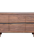The SOBU Jupiter Sideboard - Walnut 3-door features a modern design in natural American walnut with three doors and four short cylindrical legs. The number 01 appears in the bottom right corner.