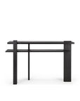 The Abstract Console by Ethnicraft is a modern black wooden table with clean geometric lines, an asymmetrical de Stijl-inspired design, two rectangular shelves, and unique vertical and horizontal supports. Shown on a plain white background.