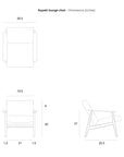 Line drawings of the Ethnicraft Aspekt Lounge Chair - Dark Brown Teak with labeled dimensions in inches, including front, top, and side views showing height, width, depth, and armrest size for this elegant teak lounge chair.