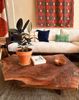 A living room features the SOBU Bolinas Coffee Table in Claro Walnut alongside a potted plant, books, and a wooden bowl. Behind it, a cream sofa with colorful pillows and a red geometric wall hanging adds modern style to the beige wall.
