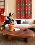 A cozy living room features a white sectional sofa with colorful pillows, the SOBU Bolinas Coffee Table in Claro Walnut holding a potted plant and books, a woven rug, and a red geometric-patterned wall hanging.