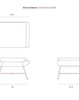 Line drawing of the Ethnicraft Barrow Footstool - Off White, with premium upholstery and vintage style. Shown from top, front, and side; dimensions (inches): 23.5W x 17.5D x 15H, seat height 9.5, cushion thickness 5.5.