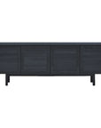 The Yorke Sideboard by Wooden Stories features a modern dark wood finish, four rectangular doors, and minimal Scandinavian design, standing on short legs against a white background.
