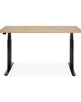 The Ethnicraft Bok Adjustable Desk - Oak features a modern design with a motorised height-adjustable light oak tabletop and black metal legs, shown from the front on a plain white background.