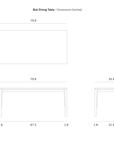 Technical drawing of the Ethnicraft Bok Dining Table - Oak with dimensions in inches: 70.9"L x 35.4"W x 29.9"H, showing top, front, and side views and additional detailed measurements.