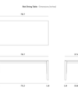 Technical drawing of the Ethnicraft Bok Dining Table - Oak, with labeled dimensions in inches: 78.7"L x 37.4"W x 29.9"H, plus leg spacing and thickness detailed from top, front, and side views.