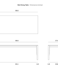 Line drawings display the Ethnicraft Bok Dining Table - Oak, showing dimensions in inches: 86.6" W x 37.4" D x 29.9" H; apron height 26.4", top thickness 0.8", leg inset 1.8" from sides and 2.4" from ends.