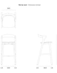 Line drawings of the Ethnicraft Bok Barstool - Oak display top, front, and side views with dimensions in inches. Key measurements for height, width, and depth are clearly shown for this solid oak barstool.