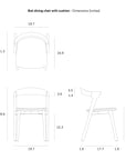 Line drawings of the Ethnicraft Bok Dining Chair - Teak Brown with black leather cushion, showing front, side, and top views. Dimensions in inches label width, height, depth, and seat heights around the chair.