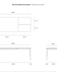 Technical drawing of the Bok Extendable Dining Table - Oak by Ethnicraft, showing top, side, and front views with dimensions in inches. Includes width, height, and length for both extended and closed positions.