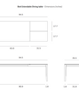 Technical drawing of the Ethnicraft Bok Extendable Dining Table - Oak, showing top, side, and front views with dimensions in inches: length 94.5", width 35.5", and height 30".