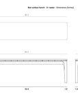 Technical drawing of the Ethnicraft Bok Outdoor Bench - Natural Teak (3+ seater) shows top, front, and side views with dimensions: 63.7 W x 13.8 D x 19.2 H in inches and detailed measurements labeled.