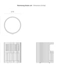 Technical drawing of the Ethnicraft Boomerang Drawer Unit - Oak shows a circular top view (17.5” dia), front view (22” high), and side view, with labeled storage compartments of different heights and dimensions in inches.
