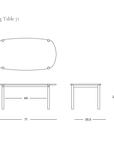 Line drawing of a Cove Dining Table | Light Oak with rounded corners, showing top, side, and front elevations with dimensions in inches.