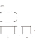 Line drawing with top, front, and side views of the Cove Dining Table | Espresso Oak by Wooden Stories in solid American oak, rounded edges. Dimensions: 71"L x 35.5"W x 29.5"H. Features SOBU Oakland logo and contract-grade code 046-1103.
