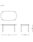 Line drawing of the Cove Dining Table | Espresso Oak by Wooden Stories, top (oval) and side views with dimensions: 63" length, 33.5" width, 29.5" height. Made from solid American oak. SOBU Oakland logo appears in the bottom right corner.