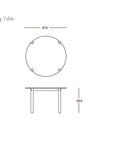 Line drawing of the contract-grade Cove Dining Table | Espresso Oak by Wooden Stories, shown from top and side. Made from solid American oak, it measures 47.5" diameter by 29.5" high. Text reads Cove Dining Table | Espresso Oak and Wooden Stories.