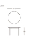 Line drawing of the contract-grade Cove Dining Table | Espresso Oak by Wooden Stories, shown from top and side. Made from solid American oak, it measures 47.5" diameter by 29.5" high. Text reads Cove Dining Table | Espresso Oak and Wooden Stories.