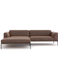 The Department Modular Sofa | Leather • M3 by Wooden Stories is a modern brown leather sectional with a left-facing chaise, low backrests, slim black metal legs, and an optional FSC-certified oak base, inspired by Danish design and shown on a white background.