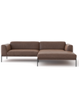 The Department Modular Sofa | Leather • M3 by Wooden Stories is a brown L-shaped sectional with a solid wood base, metal legs, low back, and armrests, shown against a white background.