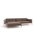 The Wooden Stories Department Modular Sofa | Leather • M4 features a brown modern design with clean lines, a left-side chaise, low backrest, slim black metal legs, and a solid wood base inspired by Danish collections, set against a white background.