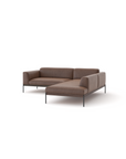 The Department Modular Sofa | Leather • M5 by Wooden Stories is a modern brown L-shaped sectional with metal legs, a solid wood base, and minimalist Danish-inspired design, shown on a white background.
