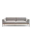 The Wooden Stories Department Sofa | Fabric features a modern Scandinavian design in light gray fabric with wide armrests, a low back, and slim black metal legs, shown against a plain white background.