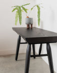 A small potted plant with long green leaves sits on SOBUs Mars Live Edge Bench - Black Ash, featuring solid wood design, set against a white wall on a concrete floor.