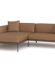 The Wooden Stories Department Modular Sofa | Leather • M3 Left is a modern L-shaped brown leather sectional with metal legs, solid wood base, and two matching cushions, displayed against a plain white background.