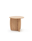 The Eden Side Table by Wooden Stories features a small, round American oak top with unique intersecting panel legs and Scandinavian-inspired simplicity, shown against a plain white background.