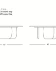Line drawing of the Eden Coffee Table | Light Oak by Wooden Stories, with front and side views, 47" wide and 14" high. Text highlights solid wood or stone top options. Wooden Stories logo shown in the bottom right corner.
