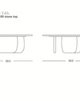 Minimalist line drawing of the Eden Coffee Table | Light Oak by Wooden Stories in Scandinavian style, front and side views with 39.5" width x 14" height, model details, brand logo, and a 100 stone top.