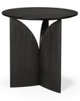 The Fin Side Table by Ethnicraft is a modern round side table with three intersecting curved legs forming a sculptural base. Its smooth black wooden tabletop boasts a matte finish, making it a stylish highlight among geometric side tables.
