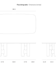 Technical line drawing of the Flow Dining Table | Mahogany Rose Brown, showing top and side views with measurements in inches.