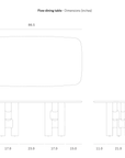 Technical line drawing of an Ethnicraft Flow Dining Table | Mahogany Rose Brown, showing top, front, and side views with dimensions in inches.
