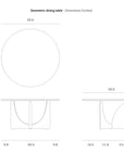 Line drawing of the Ethnicraft Geometric Dining Table - Oak, featuring a solid oak round top (59 diameter, 30 height) and side views that showcase its distinctive curved base with detailed measurements.