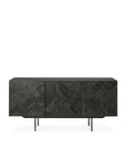 The Ethnicraft Graphic Sideboard - 3 door features intricate geometric patterns on black cabinet doors and slim black metal legs, creating a modern look against a white backdrop.