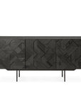The Ethnicraft Graphic Sideboard - 3 door features intricate geometric patterns on black cabinet doors and slim black metal legs, creating a modern look against a white backdrop.