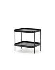 The Wooden Stories Humla Rectangular End Table is a compact, two-tier black side table with slim legs and rectangular shelves, inspired by Danish design—an elegant accent reminiscent of tray tables, shown on a plain white background.