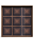 The Ink Squares Glass Tray - Square / Large by Ethnicraft features a 3x3 grid of panels with concentric square patterns in dark brown and black tones, all set within a sleek frame for a bold geometric effect.