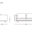 Line drawing of the Islet Sofa | Fabric by Wooden Stories, front and side views labeled: height 32.5", width 92.5", depth 41.5", seat height 16". Shown with two seat cushions, two back pillows. SOBU Oakland logo in corner.