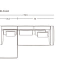Top-down line drawing of the Islet Modular Sofa | Leather • M1 by Wooden Stories, L-shaped with three cushions, side/back measurements shown on a solid oak platform. Oakland logo bottom right. Sofa: 119.5 x 73 x 41.5 units.