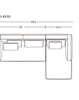 Line drawing of the Islet Modular Sofa | Leather • M1 by Wooden Stories with contract-grade upholstery, 119.5" length, seat sections of 78" and 41.5", depths of 41.5" and 73". Features three cushions, a chaise lounge, and SOBU Oakland logo at bottom right.