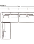 Line drawing of the Wooden Stories Islet Modular Sofa | Leather • M2, shown from above with cushions. Dimensions in cm: 156 × 114.5 (long side), 78 × 73 (short side), height 41.5. SOBU Oakland logo in corner.