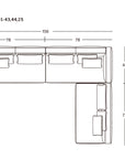 Line drawing of the Islet Modular Sofa | Leather • M2 by Wooden Stories, L-shaped with labeled dimensions: 156 units wide, 114.5 units long, each seat 78 units, sofa depth 41.5 units, chaise depth 73 units. Solid oak platform; Wooden Stories logo in corner.