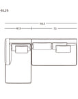 Top view line drawing of the Islet Modular Sofa | Leather • M3 by Wooden Stories, showing three seat and back cushions, L-shape with chaise (41.5 cm), 114.5 cm width, 73 cm depth; measurements in centimeters. SOBU Oakland logo in corner.